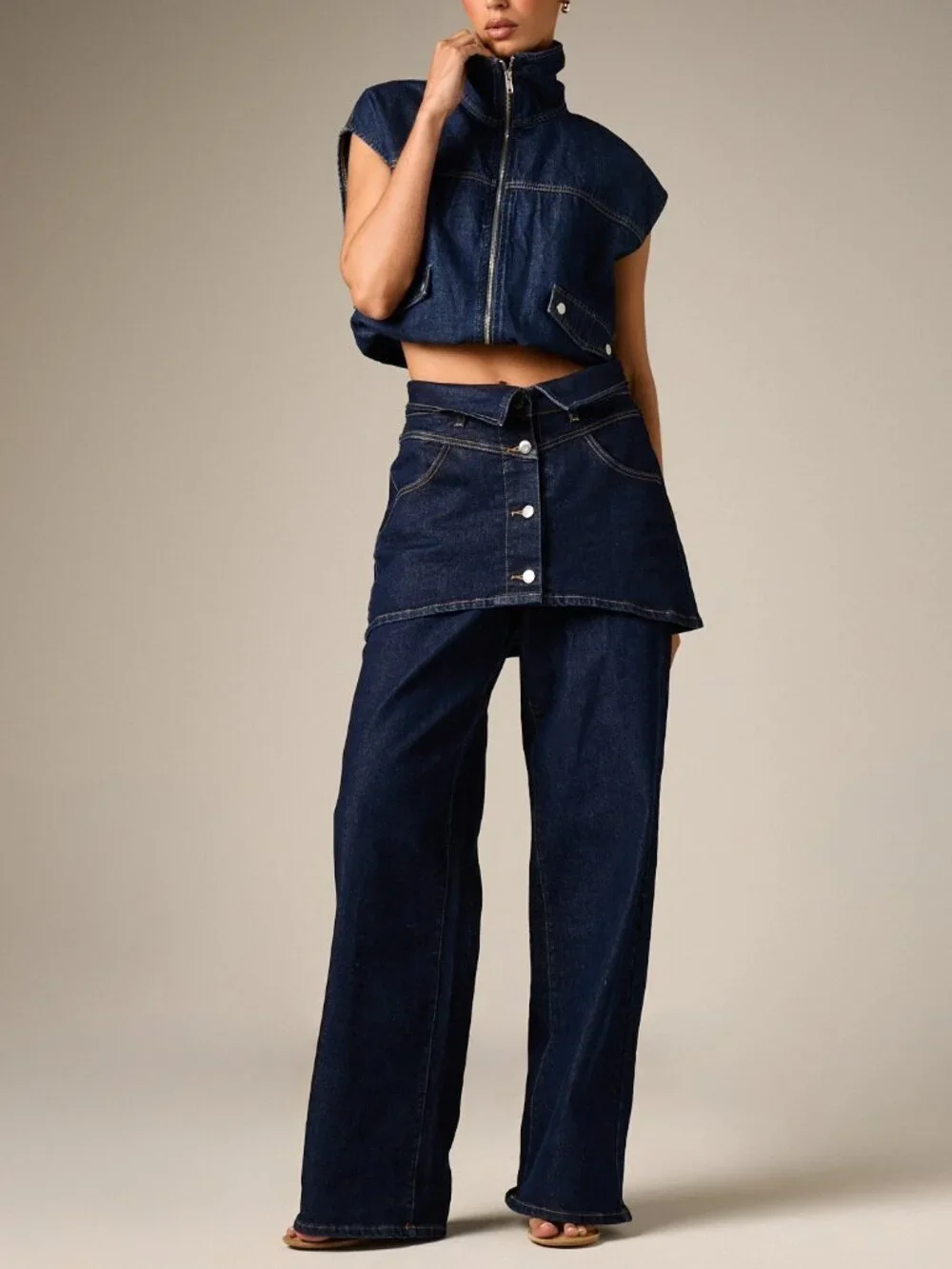 Dark Wash Elegant Women's Loose High Rise Wide Leg Denim Pants